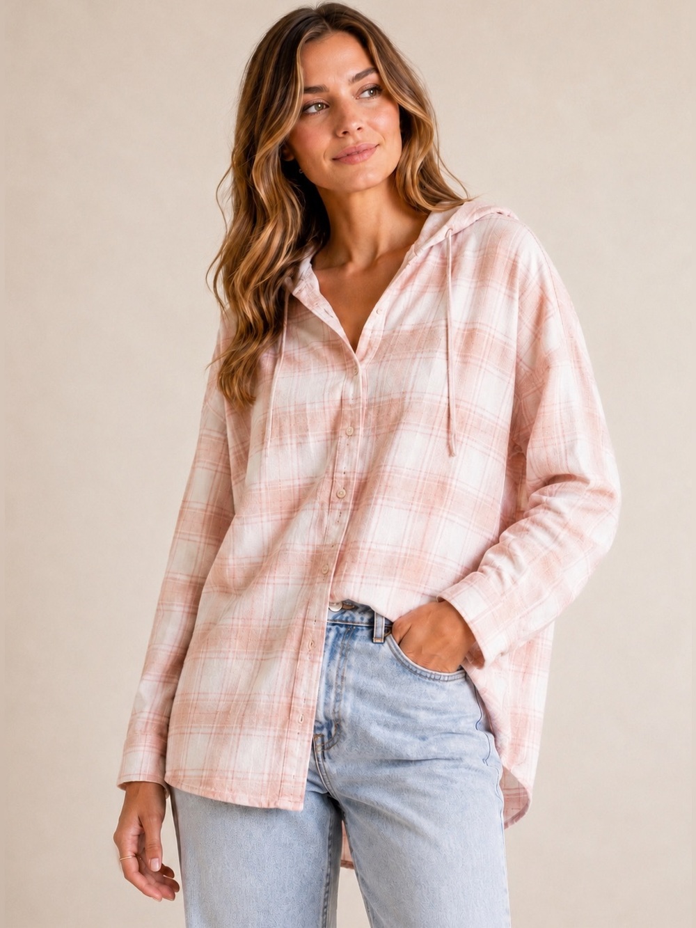 Urban Outfitters BDG Hooded Pink Cream Plaid Flannel Shirt Oversized L